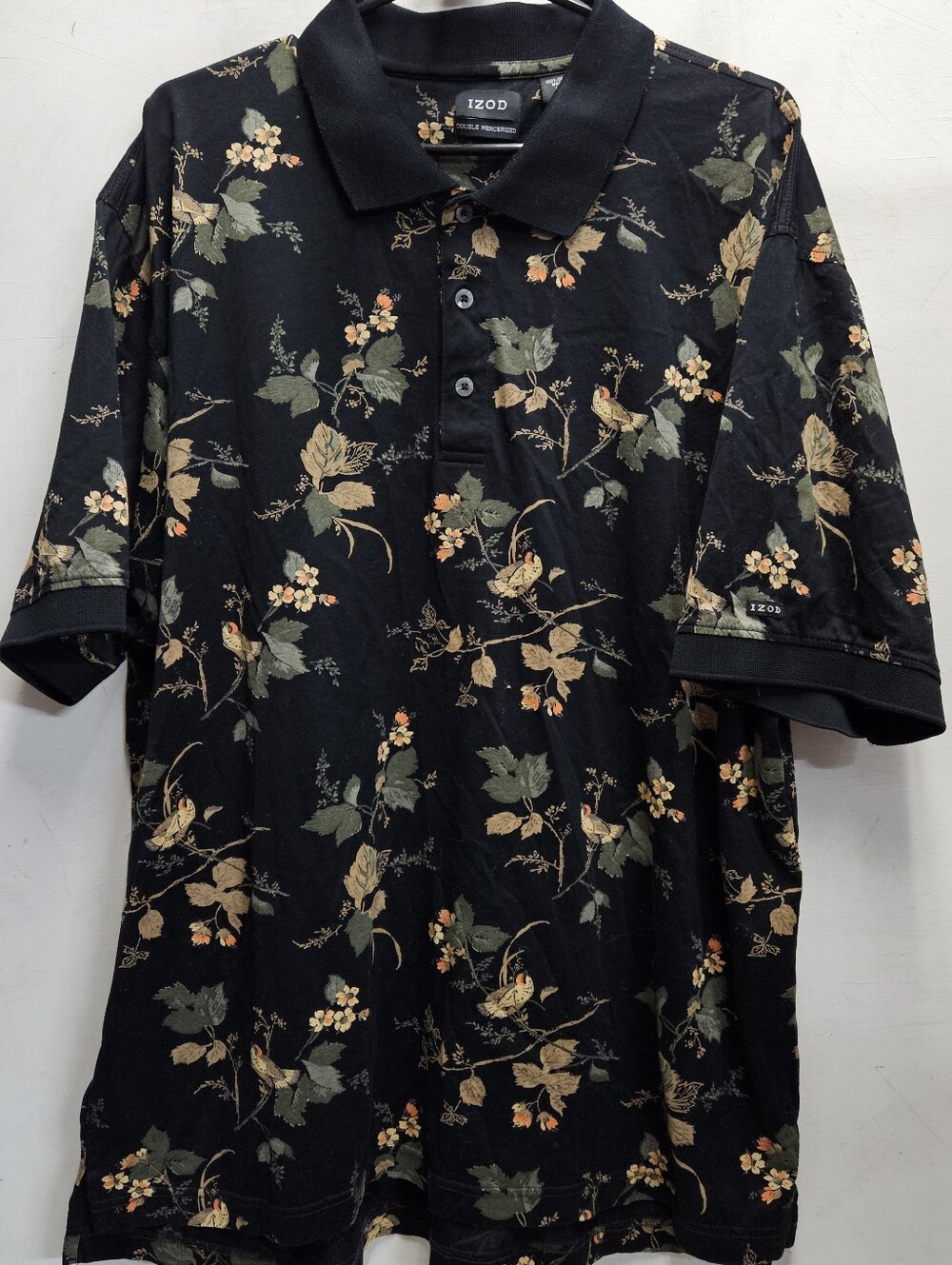 IZOD Double Mercerized XL Black Polo Shirt With Floral Bird Print Design